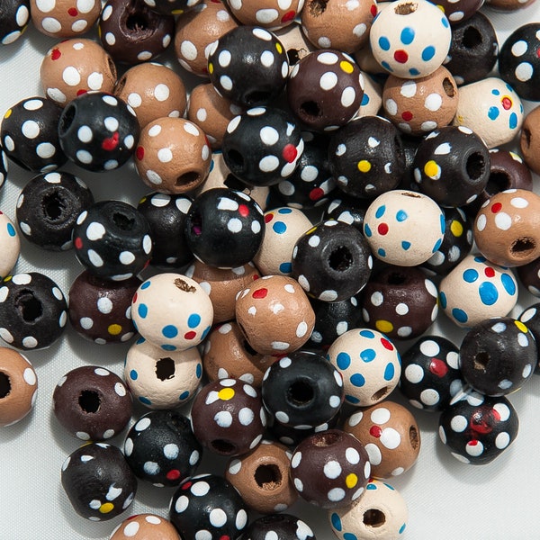 Wood Bead Mix, Assorted Painted Multicolor with Flower Design, 10mm Round, Korean Boxwood