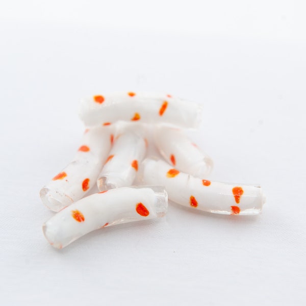 Clear & White Noodle Beads, Orange Spotted Dot Pattern Design, Curved Tube, 36x10mm, 6 count