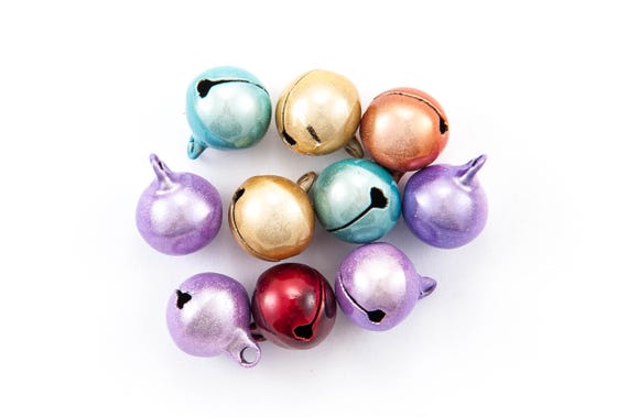 Cats Eye Effect Bells, Multicolor, Lacquer Coated Brass, 14mm with Clapper & Loop, 10 count