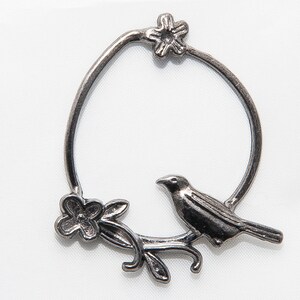 Bird and Flowers in Teardrop Cutout, Gunmetal, Single Sided Focal, 48x40mm, Corrosion and Tarnish Resistant, 1 count