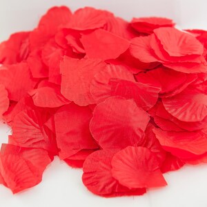 May include: A pile of red rose petals, perfect for scattering on a table or floor for a romantic occasion.