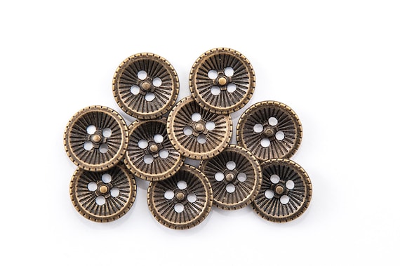 Antiqued Brass Buttons: Zinc Alloy, 18mm Round, Corrugated Design (10 count)