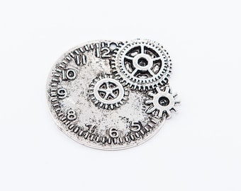 Clock & Gears Pendant, Antique Silver, 47x45mm, Single Sided, Great Focal for Steampunk Jewelry, 1 count