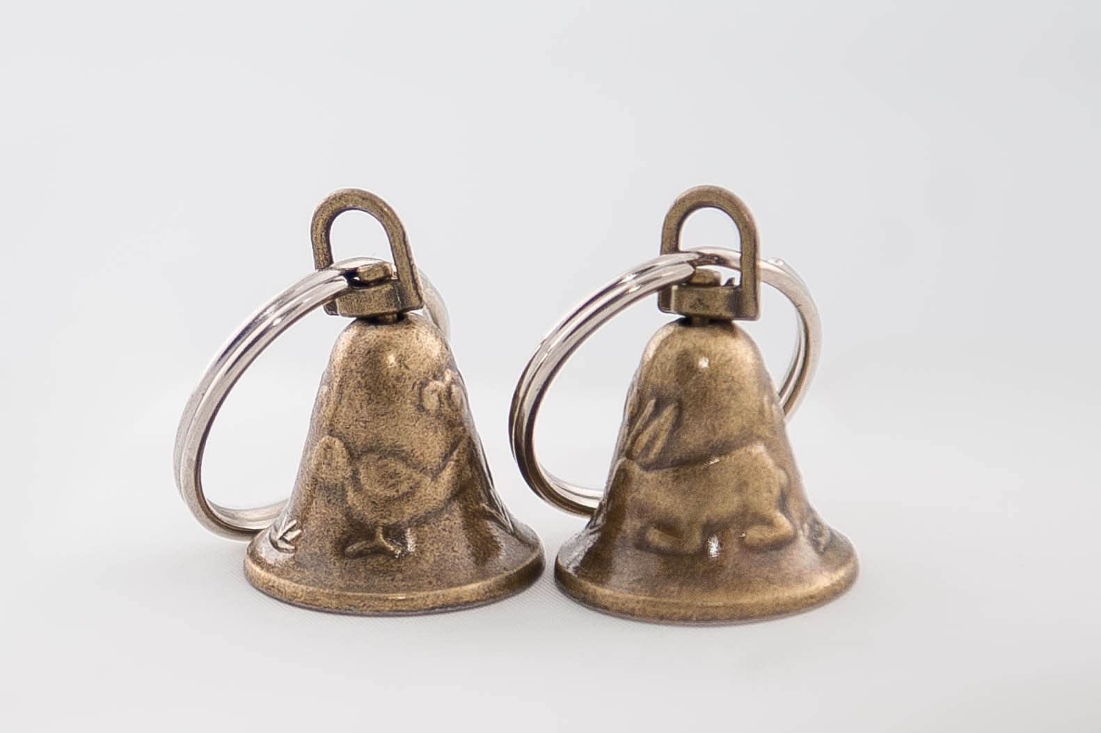 Brass Bells with Rabbit and Bird Design and Real Clapper, Metal, 23x20mm, With 25mm Split Ring, 2 count