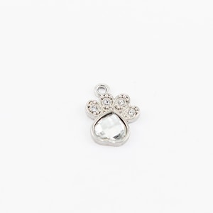 Breloque empreinte de patte, argent avec strass transparents, 16 x 14,5 mm simple face, 1 unité