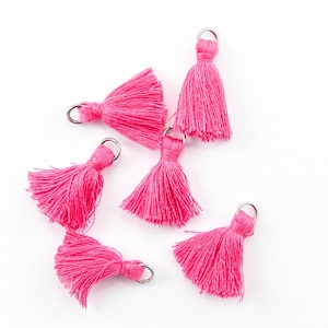 Puede incluir: Seis borlas de color rosa brillante con aros de metal plateado. Las borlas están hechas de un material suave y con flecos, dispuestas sobre un fondo blanco. Estas borlas decorativas son ideales para la fabricación de joyas o proyectos de manualidades.