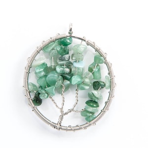 May include: A silver wire wrapped pendant featuring a tree of life design with green gemstones.