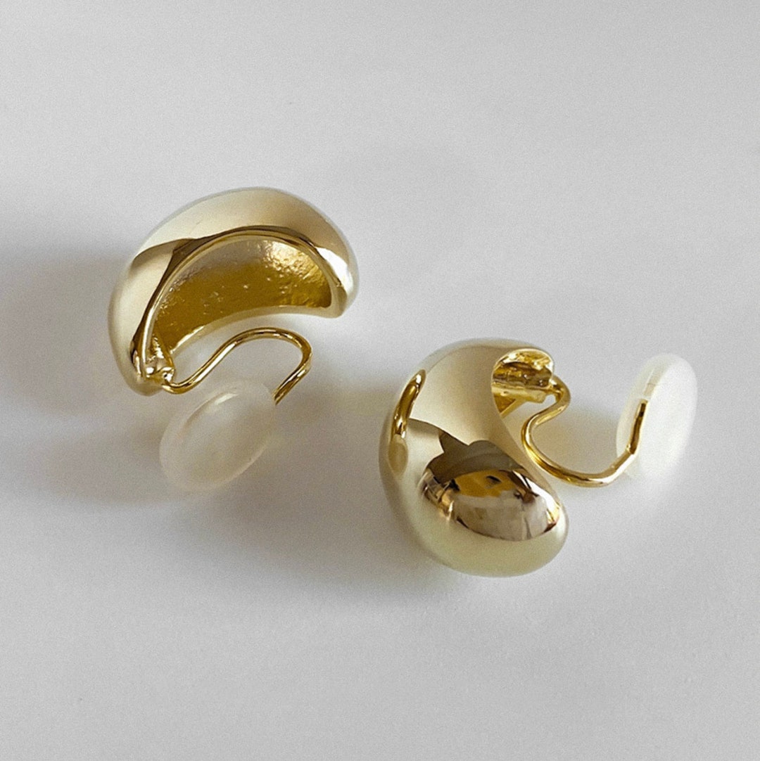 Clip on Earrings in Gold / White Gold, Invisible 14K Gold Plated Bean ...