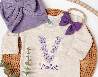 Embroidered Personalized Purple Romper, Girl Coming Home Outfit, Baby Romper Hat Set, Baby Shower Gift, Lavander Baby Romper, Floral Letter