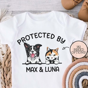 Baby Shower Gift, Protected By Dog Onesie®, Custom Pet Onesie®, Personalized Dog Name Onesie®, Baby Gift, Custom Cat Baby Onesie®