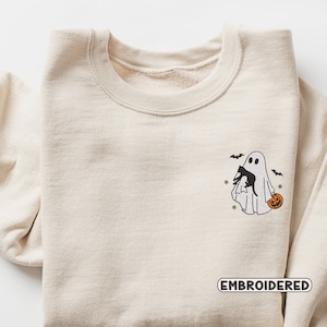 Embroidered Ghost Sweatshirt, Embroidered Fall Sweatshirt, Ghost With Cat Sweatshirt, Halloween Embroidered Sweatshirt, Spooky Season
