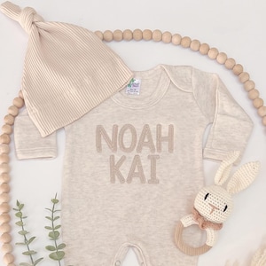 Embroidered Personalized Beige Romper, Minimalistic Coming Home Outfit, Gender Neutral Baby Outfit, Natural, Romper & Hat, Beige Baby Romper