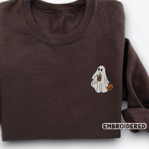 Embroidered Ghost Sweatshirt, Embroidered Fall Sweatshirt, Ghost With Coffee Sweatshirt, Halloween Embroidered Sweatshirt, Spooky Season
