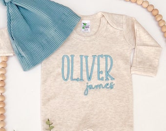 Embroidered Personalized Blue Romper, Baby Boy Coming Home Outfit, Baby Romper Hat Set, Baby Shower Gift, Boy Romper, Boy Newborn Sleeper