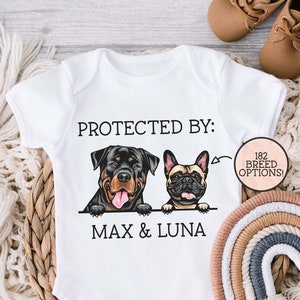 Baby Shower Gift, Protected By Pets Onesie®, Custom Dog Onesie®, Personalized Dog Name Onesie®, Baby Gift, Custom Pet Baby Onesie®