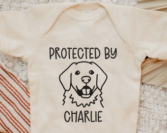 Protected By Dog Personalized Breed Onesie®, Custom Dog Breed Onesie®, Dog Sibling Outfit, Baby Shower Gift