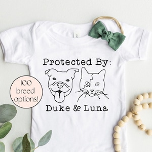 Protected By Dog Onesie®, Custom Dog Breed Onesie®, Personalized Dog Name Baby Onesie®, Cat Baby Onesie®, Baby Shower Gift, Newborn Gift