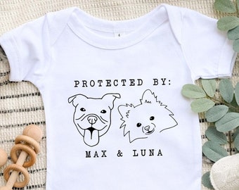 Protected By Dog Onesie®, Custom Dog Breed Onesie®, Personalized Dog Name Baby Onesie®, Dog Sibling Outfit, Baby Shower Gift, Typewriter