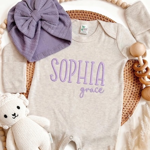 Embroidered Personalized Purple Romper, Baby Girl Coming Home Outfit, Baby Romper Hat Set, Baby Shower Gift, Lavander Baby Romper, Romper