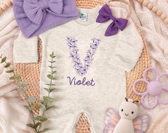 Embroidered Personalized Purple Romper, Girl Coming Home Outfit, Baby Romper Hat Set, Baby Shower Gift, Lavander Baby Romper, Floral Letter