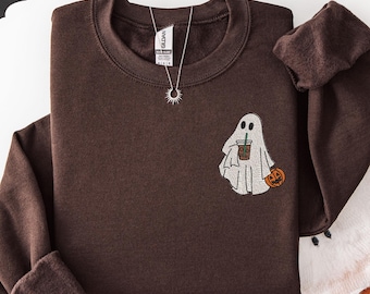 Moletom bordado de fantasma, moletom bordado de outono, moletom fantasma com café, moletom bordado de Halloween, temporada assustadora