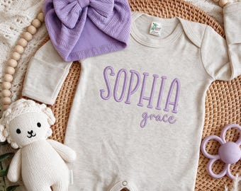 Embroidered Personalized Baby Romper, Purple Girl Coming Home Outfit, Hat & Headband Set