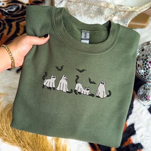 Embroidered Ghost Cats Sweatshirt, Embroidered Fall Sweatshirt, Ghost Cat Sweatshirt, Halloween Embroidered Sweatshirt, Spooky Season Retro