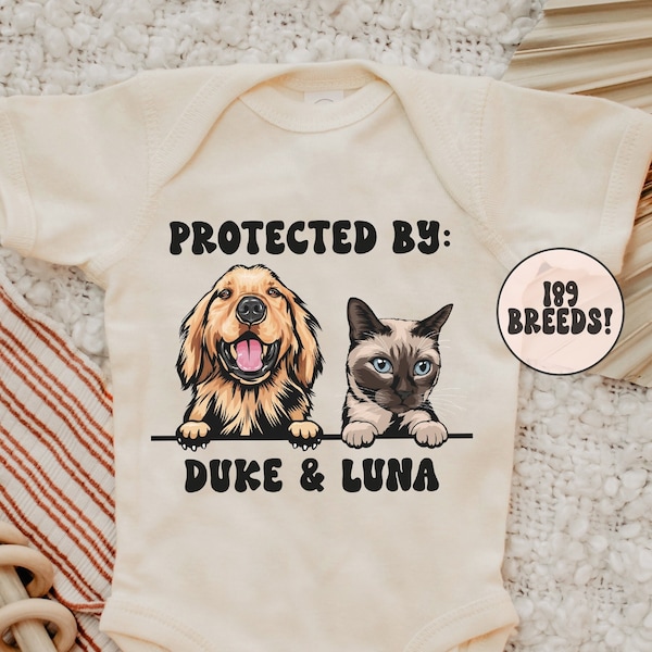 Baby Shower Gift, Protected By Dog, Girl Baby Shower Gift, Personalized Protected By Pets Onesie®, Pet Onesie®, Retro Onesie®, Heather Mauve