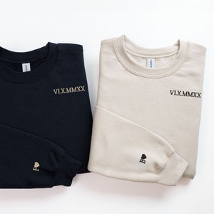 Personalized Anniversary Embroidered Sweatshirt, Roman Numeral Initial On Sleeve, Anniversary Gift For Him, Roman Numerals Couple Sweatshirt