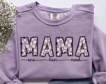 MAMA Sweatshirt, Muttertag, Komfortfarben Sweatshirt, personalisiertes Mom Shirt, Mama Geschenk, Floral Mom Sweatshirt mit dem Namen der Kinder