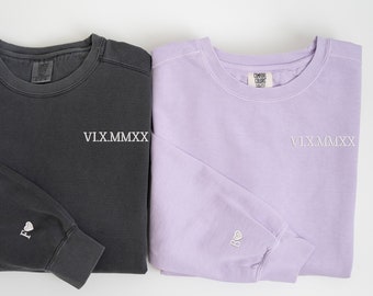 Comfort Colors® Custom Embroidered Roman Numeral Sweatshirt, Roman Numeral Initial Sleeve, Anniversary Gift For Him Her, Couples Sweatshirt