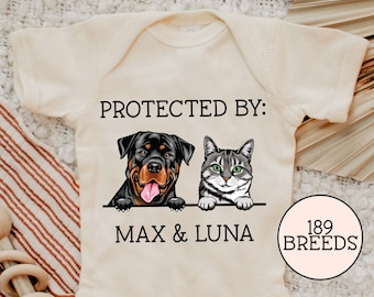Baby Shower Gift, Protected By Dog Onesie®, Custom Dog Onesie®, Personalized Dog Name Onesie®, Baby Gift, Custom Pet Baby Onesie®