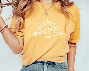 Komfort Farben Sonne Ozean T-Shirt, Sonnenuntergang T-Shirt, Ozean Wellen T-Shirt, Sommer T-Shirt, Sommer Strand Shirt, Boho Sommer Shirt