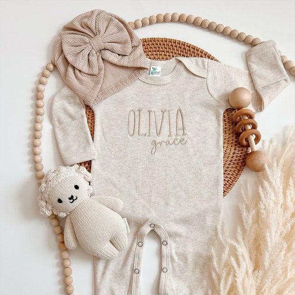 Embroidered Personalized Beige Romper, Minimalistic Coming Home Outfit, Gender Neutral Baby Outfit, Natural, Ivory, Beige Baby Romper