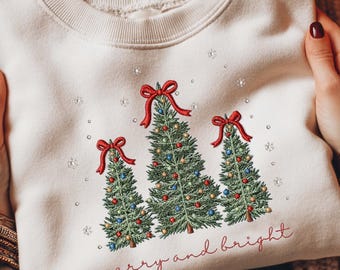 Christmas Tree Sweatshirt, Christmas Embroidered Sweatshirt, Coquette Bow Sweatshirt, Merry and Bright Embroidered Sweatshirt