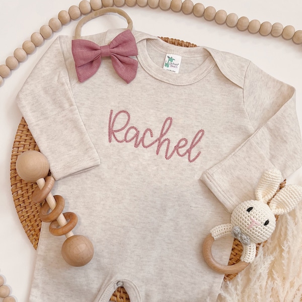 Embroidered Personalized Romper, Coming Home Outfit, Embroidered Girl Outfit, Girl Baby Romper, Romper With Bow Headband, Hand Stitch Style