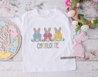 女の子用イースターシャツ、イースターバニー刺繍シャツ、イースターガールシャツ、パーソナライズイースターシャツ、ファーストイースターシャツ、ベビーイースター衣装