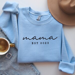 Mama Est Sweatshirt, Mama Est 2024 Sweatshirt, Custom Mom Sweatshirt, Mom Gift, New Mom Gift, Mama Sweatshirt, Gift for Mom, Retro Mom Light Blue