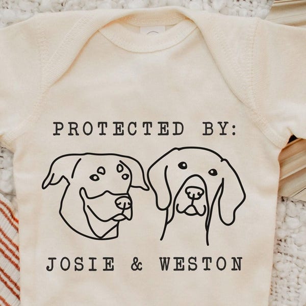 Protected By Dog Onesie®, Custom Dog Breed Onesie®, Personalized Dog Name Baby Onesie®, Dog Sibling Outfit, Baby Shower Gift, Typewriter