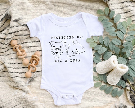 Protected by Dog Onesie®, Custom Dog Breed Onesie®, Personalized Dog Name  Baby Onesie®, Dog Sibling Outfit, Baby Shower Gift, Typewriter 