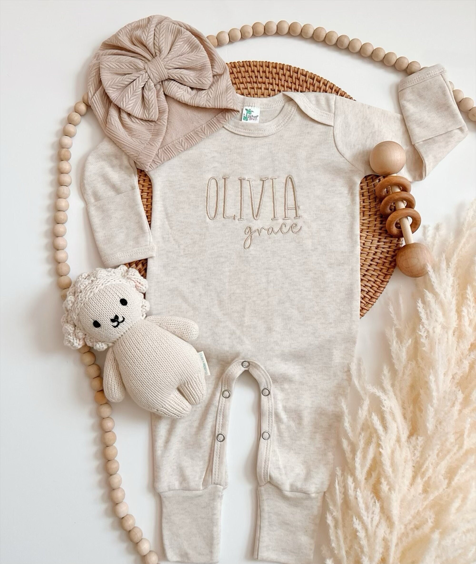 Embroidered Personalized Beige Romper, Minimalistic Coming Home Outfit, Gender Neutral Baby Outfit, Natural, Ivory, Beige Baby Romper