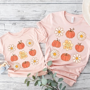 Camisas com remendo de abóbora rosa, camisas de outono da mamãe e eu, camisas de outono para a mamãe e eu, camisas de fantasia de Halloween para crianças