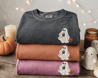Embroidered Ghost T- Shirt, Iced Coffee Comfort Colors Halloween Shirt, Spooky Season Tee