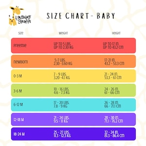 May include: A colorful chart with the title "SIZE CHART - BABY" and a giraffe logo. The chart shows size recommendations for babies in different age ranges, with corresponding weight and height measurements in pounds and inches.
