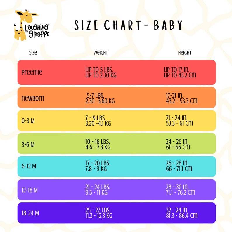 May include: A colorful chart with the title "SIZE CHART - BABY" and a giraffe logo. The chart shows size recommendations for babies in different age ranges, with corresponding weight and height measurements in pounds and inches.