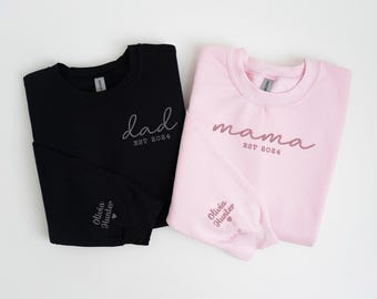 Embroidered Mama EST Sweatshirt, Mama Sweatshirt, Kids Name Sleeve, Mother's Day Gift, New Mom Gift, Embroidered Mom, Mom Sweatshirt,