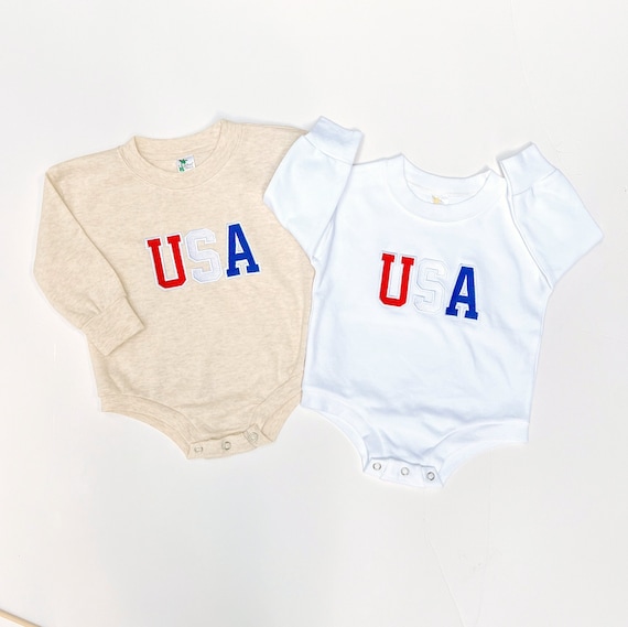 Embroidered USA Romper, USA Baby Outfit, USA Embroidered Bubble Romper, Baby Fourth of July, 4th of July Baby Romper, Usa Romper Embroidery