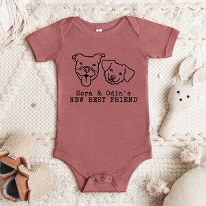 A pink baby onesie with a graphic of two dogs and the text "Sora & Odin's NEW BEST FRIEND" printed on it, along with a stuffed rabbit and a pair of shoes.