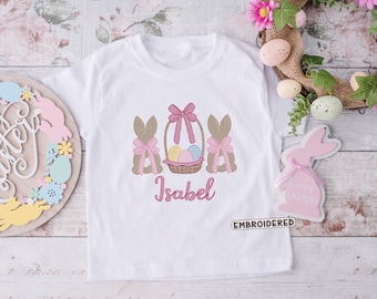 女の子用刺繍イースターシャツ、イースターバニー刺繍シャツ、イースターガールシャツ、パーソナライズイースターシャツ、ファーストイースターシャツ、ベビー