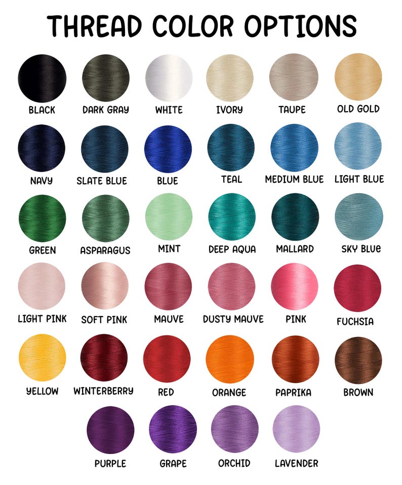 Puede incluir: Una carta de colores que muestra opciones de color de hilo. La carta incluye una variedad de colores, como negro, blanco, azul, verde, rosa y amarillo. Cada color est&aacute; representado por una muestra circular con el nombre del color debajo. El texto "THREAD COLOR OPTIONS" est&aacute; en la parte superior.